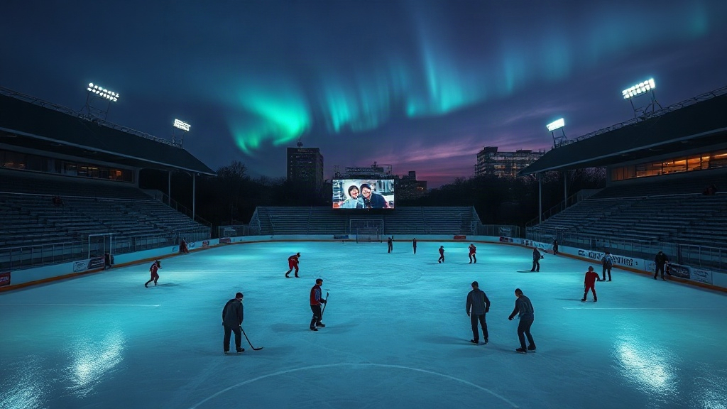 Wide bandy rink under evening lights